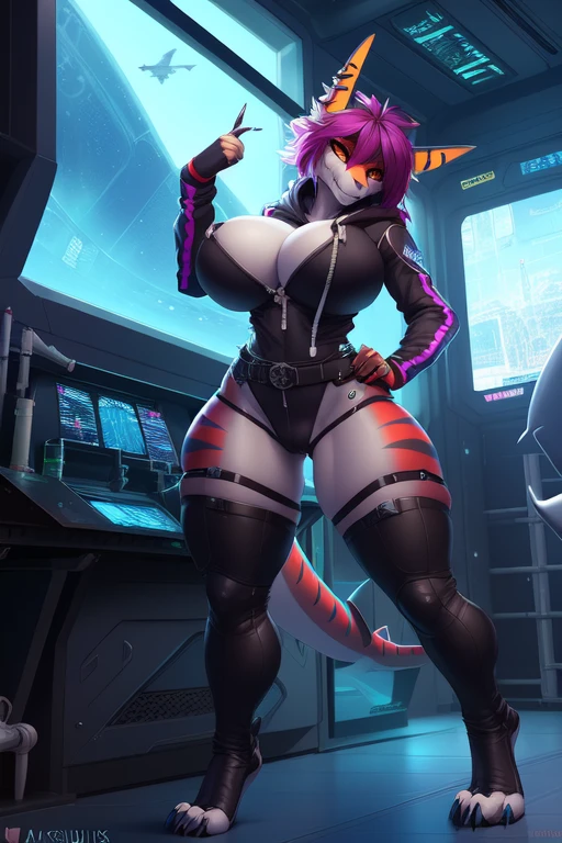 Goth mommy wearing black lingerie. Curvy, huge ass, huge breasts. Purple hair, hourglass figure. Naked. Horse cock.