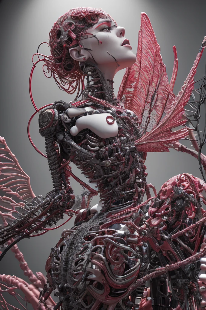 complex 3d render ultra detailed beautiful death angel, biomechanical cyborg, analog 150 mm lens, beautiful natural soft rim light, neon vein, roots, fine foliage lace, colorful details, Boris Bidjan Saberi outfit, pearl earrings, piercing, art nouveau fashion embroidered, intricate details, mesh wire, mandelbrot fractal, facial muscles, cable wires, microchip, badass, hyper realistic, ultra detailed, octane render, volumetric lighting, 8k post-production, red and white with a bit of black, detailled metalic bones, semi human, iridescent colors, Glenn Brown style, futuristic room, power of the god, high-angle shot, complex body poses