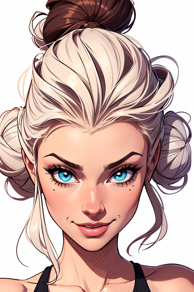 (cartoon style:1.2), Drawings of ([beautiful Woman]), Portrait, Messy bun hair, white background, fun posing, flirty look, Centered, scale to fit the dimensions