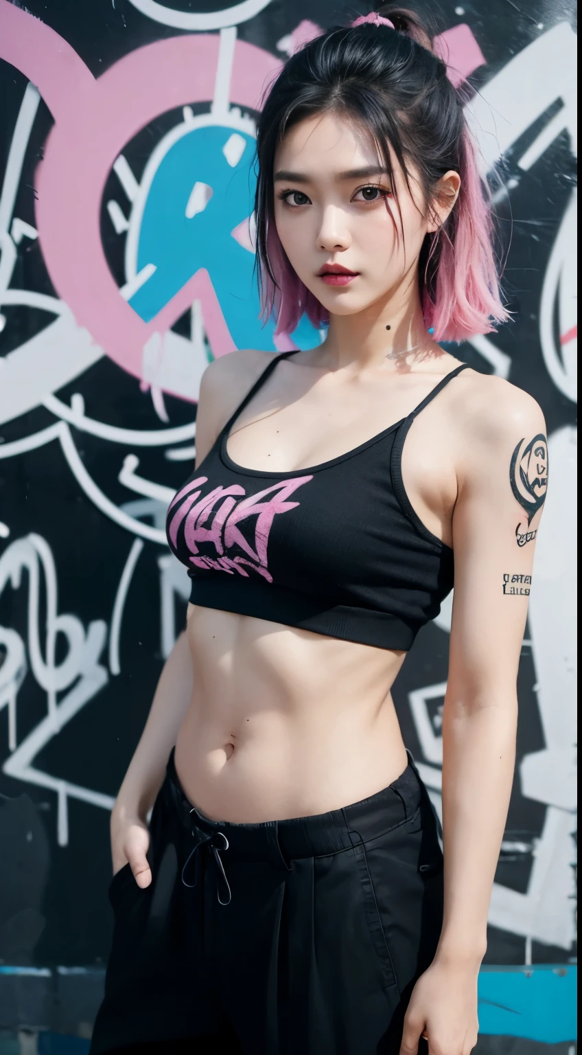 Realistic skin, best quality, Clarity, 4k, 8k, detail, actual, tattoed Girl, Korean makeup, black lips, pink and blue medium mullet hair, Perfect six pack body, stand, pose standing, medium chest, dark shirt top, black buggy Pants, Solid graffiti wall background, Graffiti art,