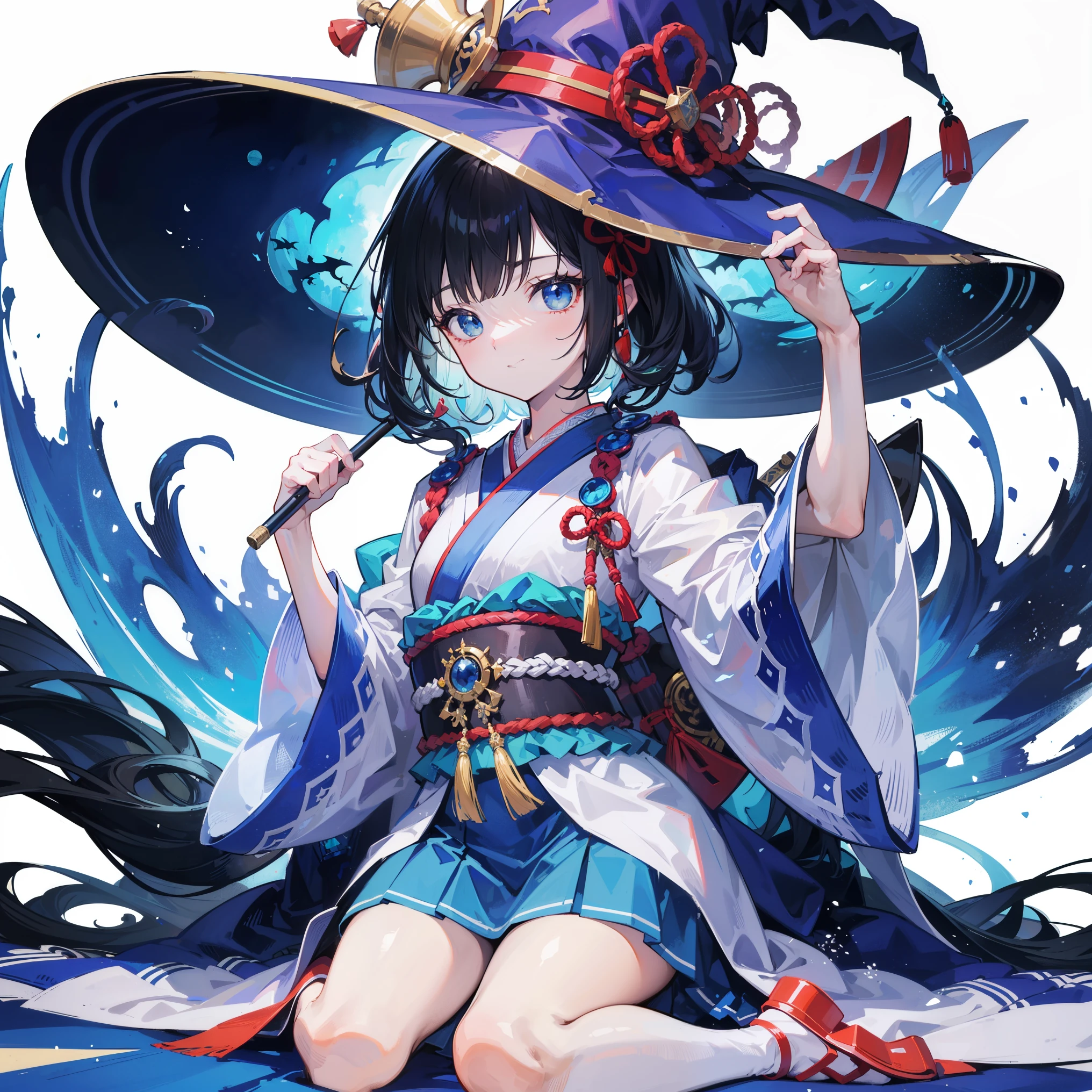 white background, blue skirt，solo woman, alone, (kneel down), (kneel down on white glass surface), (dk, small), (white background), (witch hat), curly, looking at the viewer, with panoramic view, Vision, It begins with the night of the ark., Popular topics on Art Station pixiv, Arknight, pixiv digital art,Onmyoji detailed art, Japanese anime fantasy illustration, author：hero, anime art wallpaper 8k, Sky Witch, pixiv style, anime art wallpaper 4k, anime art wallpaper 4k, (pretty background), Ink painting style，pretty colors，Decisive cut，広いblank領域, blank, space，master piece， super sophisticated，epic work，expensive、expensive品質，best quality，4K