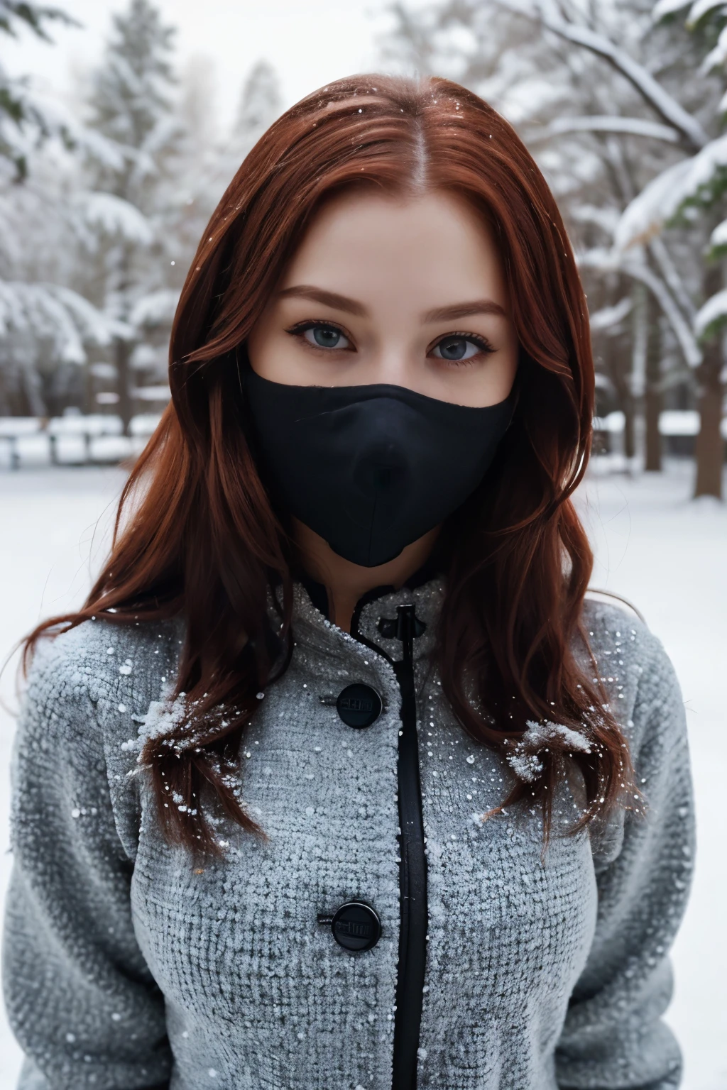 (best quality, ultra-detailed, realistic:1.37), 23 year old Swedish female, dyed red hair,  medium length extremely curly layered hairstyle, bright blue eyes, high cheek bones, defined jawline, pale skin tone, brown bushy eye brows, long eyelashes, narrow nose, shot on a Canon EOS R6 Mark II camera, action shot, dancing in the snow, snowy winter day, wearing a heavy black Gucci jacket, n91 mask over mouth