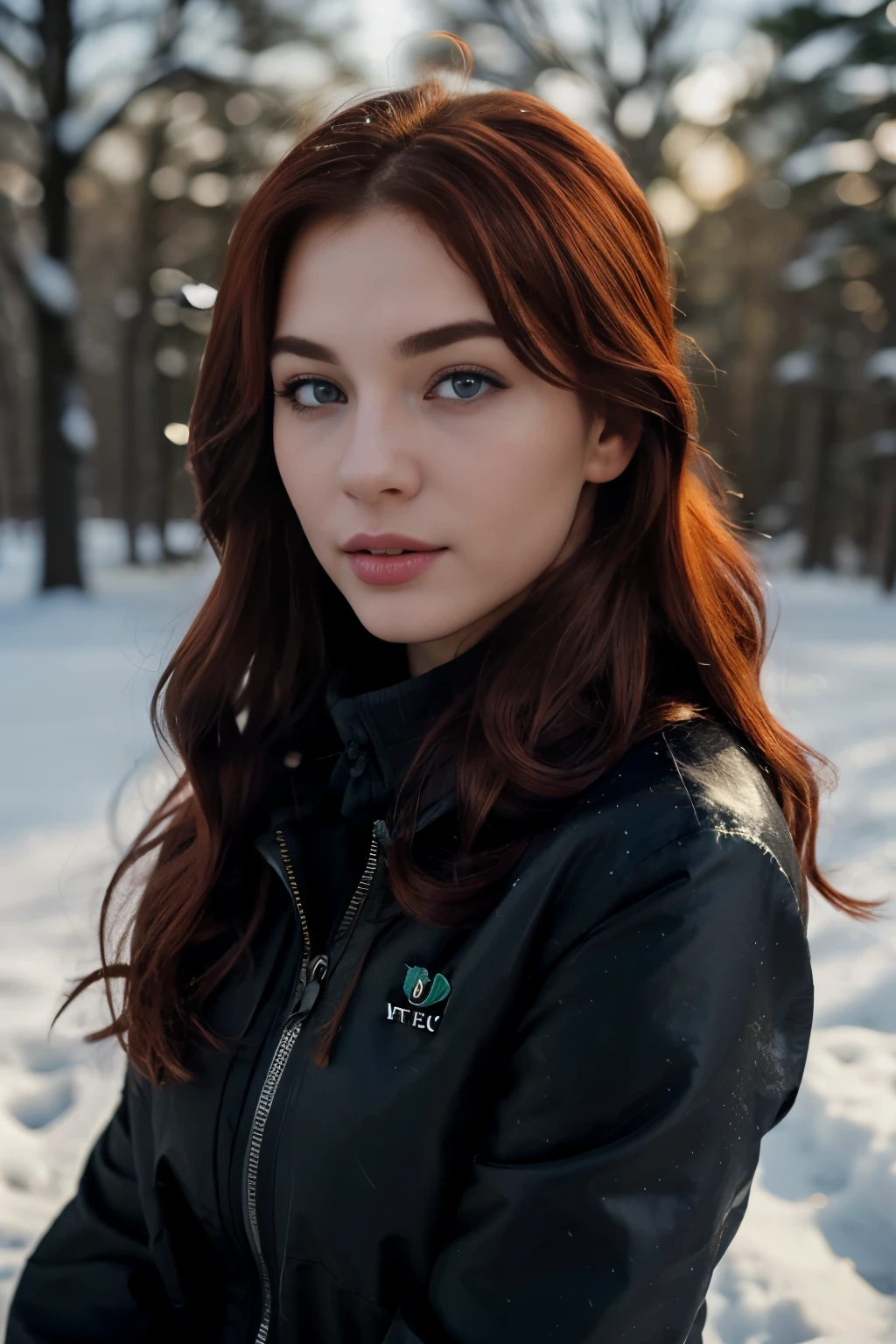 (best quality, ultra-detailed, realistic:1.37), 23 year old Swedish female, dyed red hair,  medium length extremely curly layered hairstyle, bright blue eyes, high cheek bones, defined jawline, pale skin tone, brown bushy eye brows, long eyelashes, narrow nose, shot on a Canon EOS R6 Mark II camera, action shot, dancing in the snow, snowy winter day, wearing a heavy black Gucci jacket, n91 mask over mouth