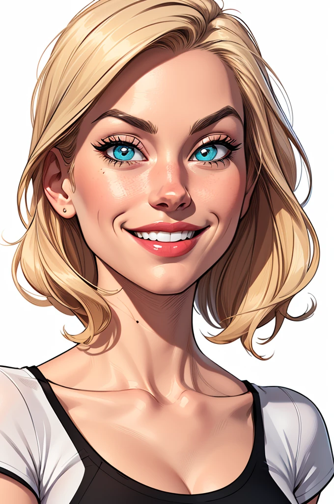 (cartoon style:1.2), Drawings of ([Gwen Stacy]), portrait, wearing black t-shirt, short skirts, smile, perfect eyes, detailed face, white background, fun posing, flirty look, Centered, scale to fit the dimensions