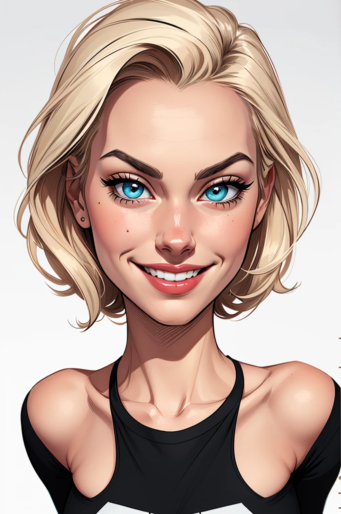 (cartoon style:1.2), Drawings of ([Gwen Stacy]), portrait, wearing black t-shirt, short skirts, smile, perfect eyes, detailed face, white background, fun posing, flirty look, Centered, scale to fit the dimensions