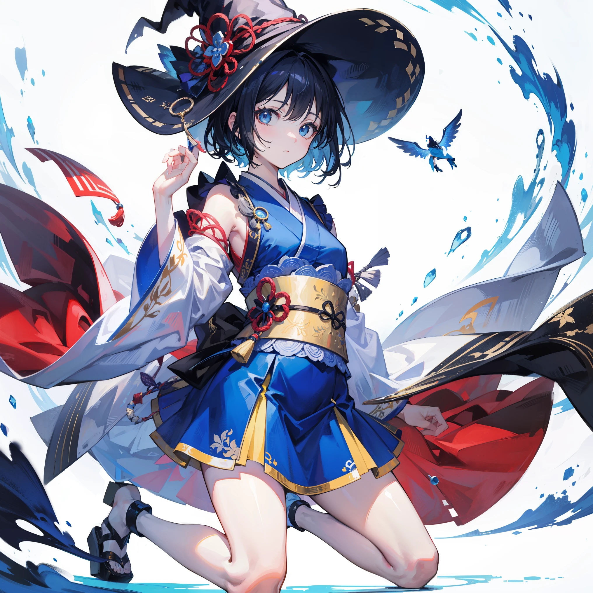 white background, blue skirt，solo woman, alone, (kneel down), (kneel down on white glass surface), (dk, small), (white background), (witch hat), curly, looking at the viewer, with panoramic view, Vision, It begins with the night of the ark., Popular topics on Art Station pixiv, Arknight, pixiv digital art,Onmyoji detailed art, Japanese anime fantasy illustration, author：hero, anime art wallpaper 8k, Sky Witch, pixiv style, anime art wallpaper 4k, anime art wallpaper 4k, (pretty background), Ink painting style，pretty colors，Decisive cut，広いblank領域, blank, space，master piece， super sophisticated，epic work，expensive、expensive品質，best quality，4K