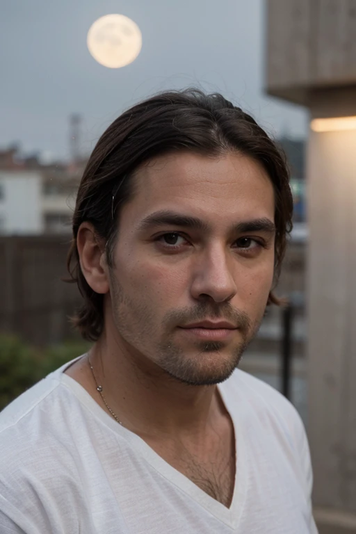 Mejor calidad, detalles, hiperrealista, top model, hombre, forty years, masculino, calvo sin pelo, short brown beard, ojos verdes, triste mirada, camisa blanca elegante, ciudad de noche, luna llena
