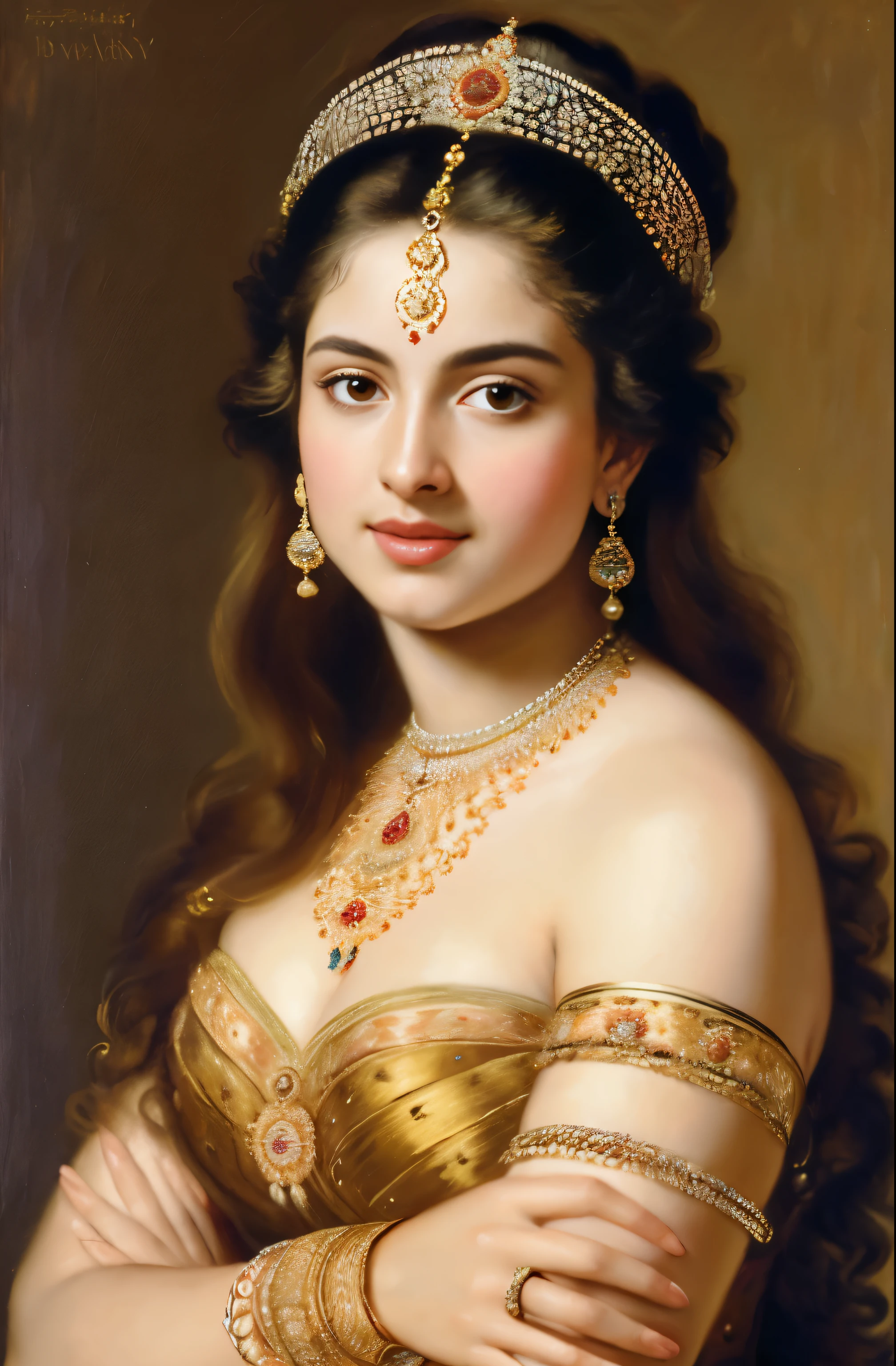 Best quality, highly detailed, masterpiece, Indian princess, Rajkanya, royal clothes, Masterpiece, extremely gorgeous woman, matchless Beauty, portrait, Peter Paul Rubens style, Woman, off shoulder bandeau crop blouse, beautifully styled hair, fluffy hair, middle ages, classicism, andrey atroshenko style, painting, long hair, styled hair, traditional media, realistic, figurative, fine art, detailed Art, oil on canvas, HDR, 8K, original character, high resolution, high detail, focus on the face, intricate, flawless, fluffy hair, Peter Paul Rubens style, By Peter Paul Rubens, sharp picture, no crown