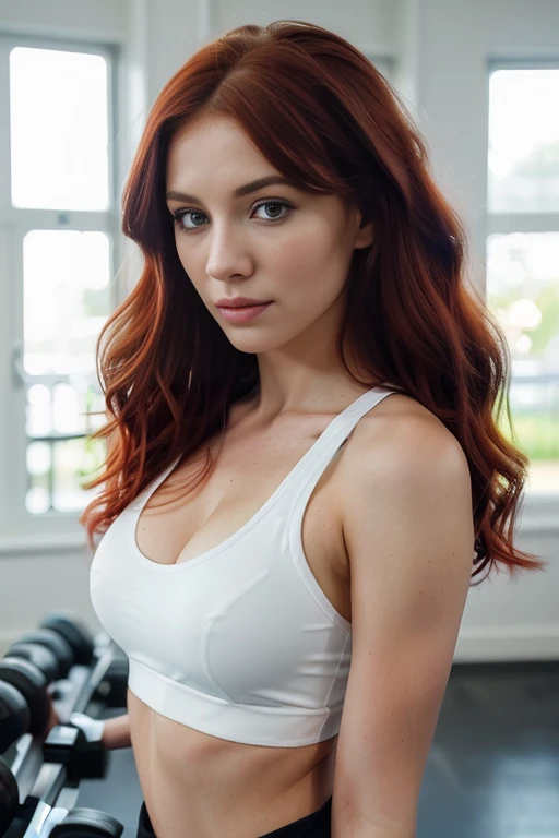 (best quality, ultra-detailed, realistic:1.37), 23 year old Swedish female, dyed red hair, medium length extremely curly layered hairstyle, bright blue eyes, high cheek bones, defined jawline, pale skin tone, brown bushy eye brows, long eyelashes, narrow nose, shot on a Canon EOS R6 Mark II camera, action shot, Working out at gym, sports bra, short shorts