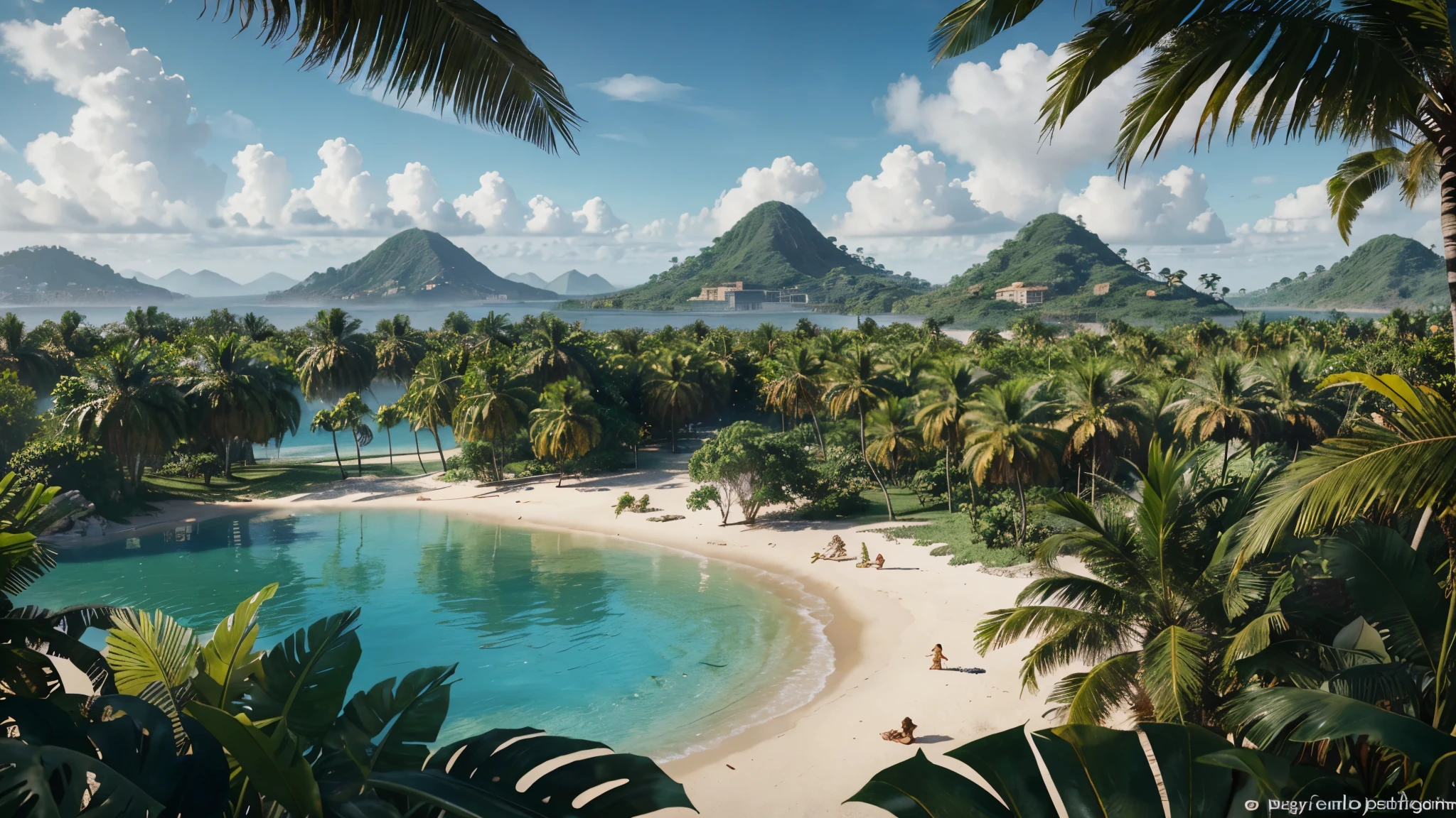 I have a picture of a tropical island with palm trees., Low polygon rendering inspired by senior environment artist, PolyCount Contest Winner, conceptual art, Island Background, background jungle, Jungle in the background, Animation-style rendering, Stylized in 3D rendering, 3d rendering stylized, environmental picture, jungle environment, background art, tropical location, Background seen slightly from above