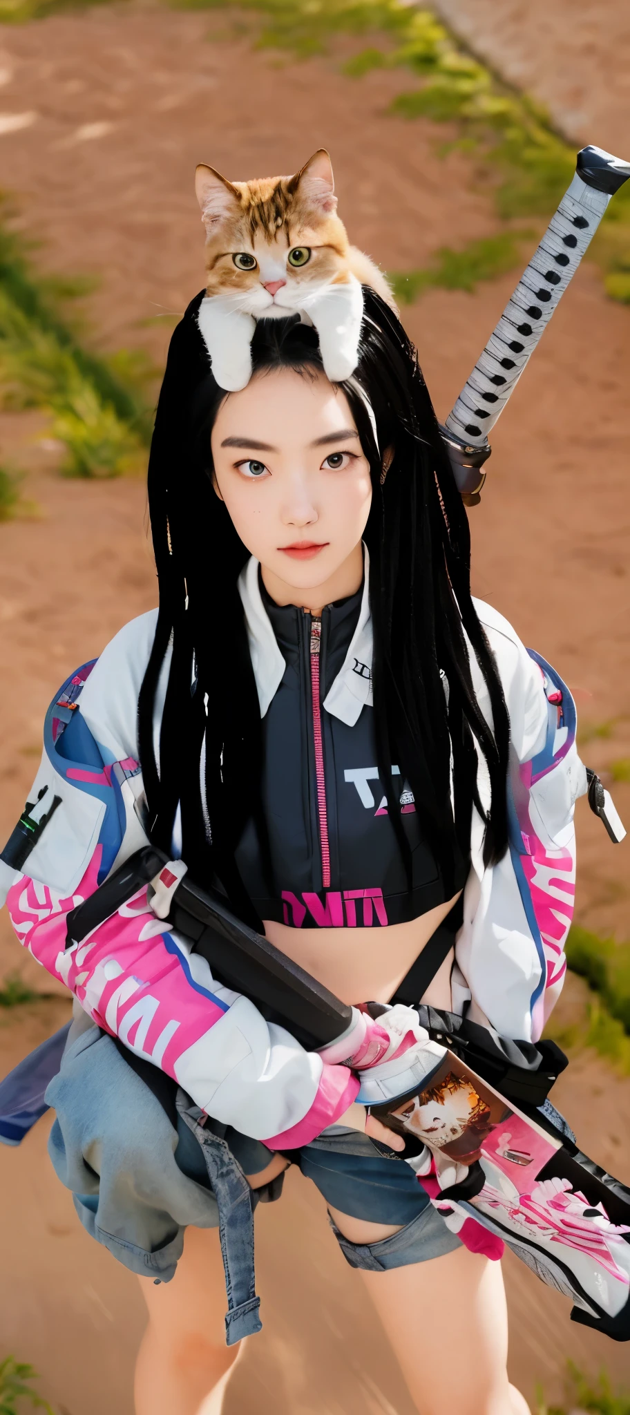 Real life adaption of this character, teen Korean beauty face, ((wear realistic same outfit)), there is realistic a cute cat on her head,realistic katana on the back,pose holding realistic SCAR with anime theme pink and white color,there is a little bag on her hips,realistic background,realistic light, realistic shadow, realism, hyper realistic,(photorealistic 1:2)