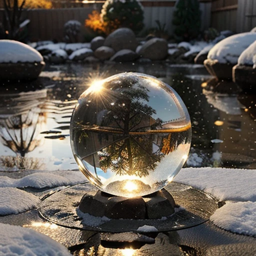 a transparent crystal ball with a zen garden reflection, set against the backdrop of zen garden during heavy snow. The ball itself contains liquid that mirrors a detailed reflection of grass and pond, In the background, there’s an out-of-focus view of a real zen garden bathed in soft, warm light, casting gentle glows on the garden