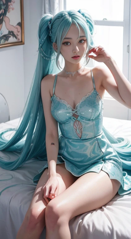 hatsune Miku、(ultra Realistic), (An illustration), (Highres), (8K), (highlydetailed), (the best illustration), (Beautiful Detailed Eyes), (beste Quality), (Super Detailed), (Master peace), (Wallpapers), (Detailed Face), solo, 1girl, Aristocratic dresses、White hair, Iris heterochromatic eyes, small moles under eye, medium chest, Long legs,Stunning composition,Foot braids,Beautiful and detailed legs