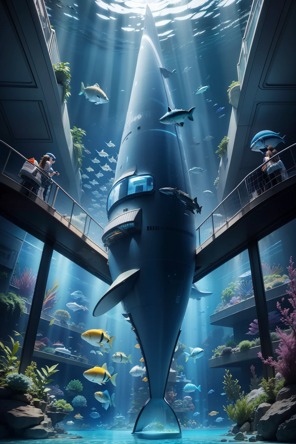 futuro style，aquarium，Giant fish，megalodon、Blue water，High-level ranks，aircraft shuttle、Aquamarine、high tech、megalopolis