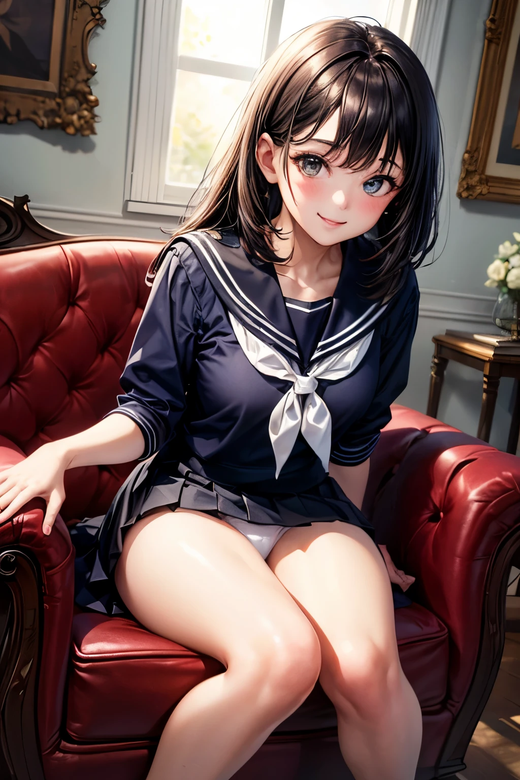 very cute and beautiful girl,(highly detailed beautiful face and eyes:1.2),sailor school uniform,navy blue pleated mini skirt, skirt lift,(white panties),dynamic angle,(smile),blush,looking at viewer,black hair, european antique living room,gorgeous furnitures, (best quality,masterpiece:1.2),absurdres,highres,ultra-detailed,extremely detailed,32k,8k resolution, intricate details,cinematic scene,detailed background,solo,dynamic angle, natural lighting,hair fluttering in the wind,