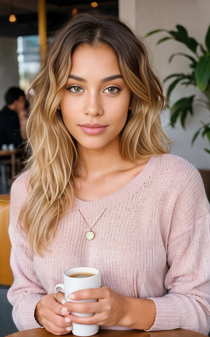 beautiful blonde wearing pink sweater (sipping coffee inside a modern café at sunset), very detailed, 21 years old, innocent face, brown eyes, high resolution, masterpiece, best quality, intricate details, highly detailed, sharp focus, detailed skin, realistic skin texture, texture, detailed eyes, professional, 4k, charming smile, shot on Canon, 85mm, shallow depth of field, kodak vision color, perfect fit body, extremely detailed, foto_\(ultra\), photorealistic, realistic, post-processing, maximum detail, roughness, real life, ultra realistic, photorealism, photography, 8k uhd, photography, light skinned, Moroccan and French mix, full standing curly hair, blonde, African light skin