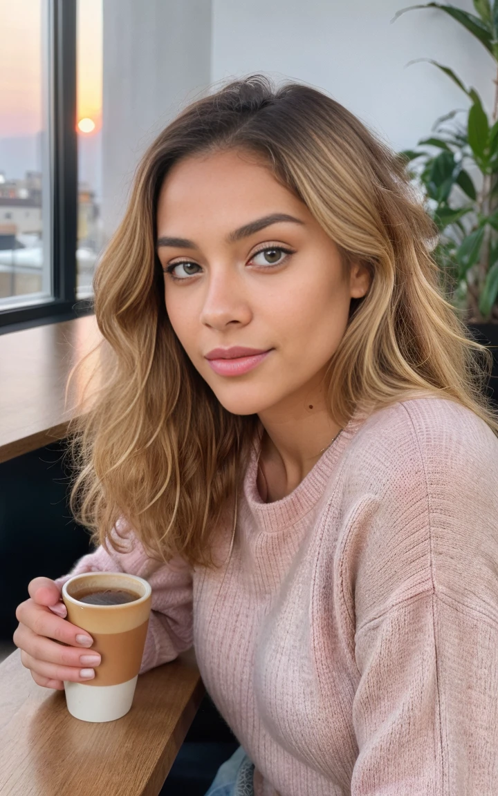 beautiful blonde wearing pink sweater (sipping coffee inside a modern café at sunset), very detailed, 21 years old, innocent face, brown eyes, high resolution, masterpiece, best quality, intricate details, highly detailed, sharp focus, detailed skin, realistic skin texture, texture, detailed eyes, professional, 4k, charming smile, shot on Canon, 85mm, shallow depth of field,  kodak vision color, perfect fit body, extremely detailed, foto_\(ultra\), photorealistic, realistic, post-processing, maximum detail, roughness, real life, ultra realistic, photorealism, photography, 8k uhd, photography, light skinned, Moroccan and French mix, full standing curly hair, blonde, African light skin