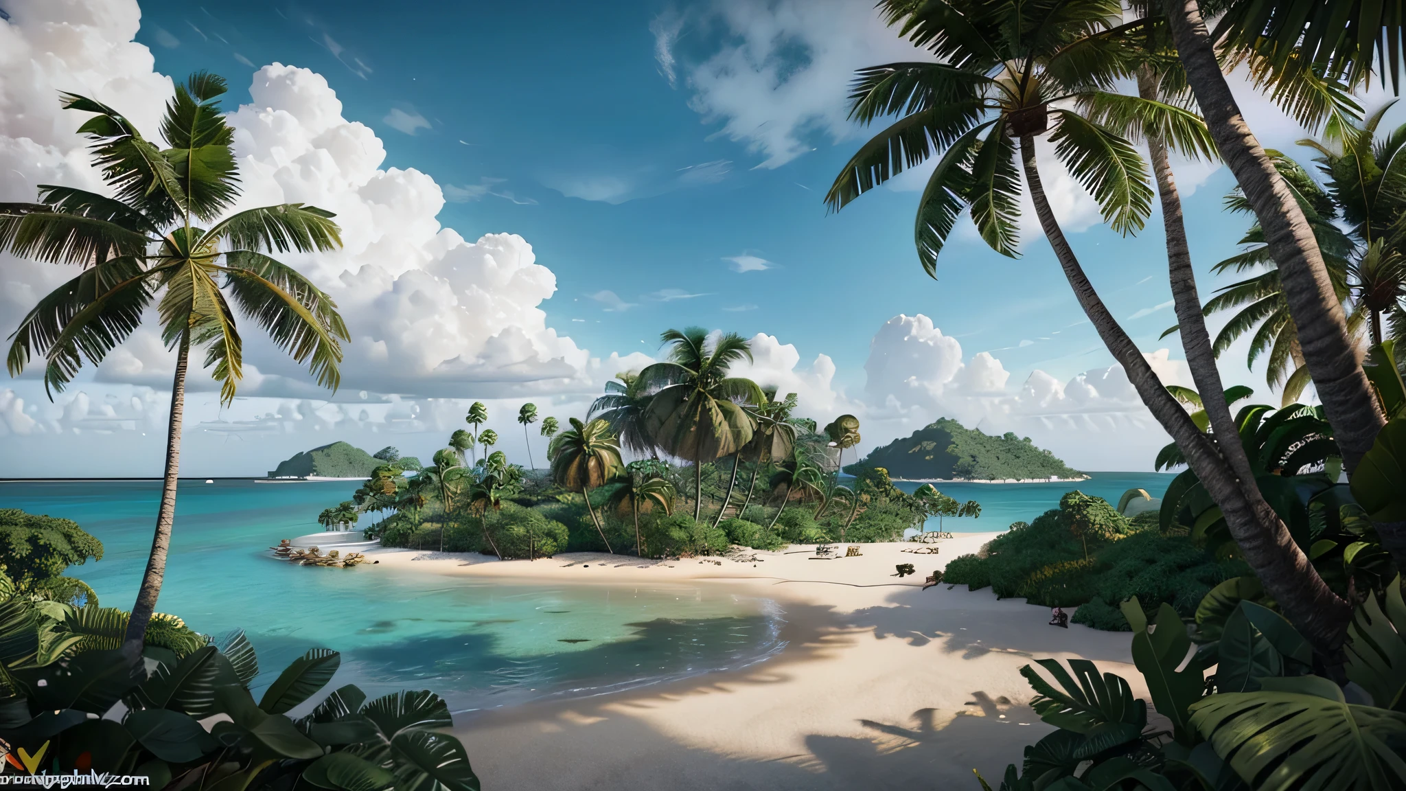 I have a picture of a tropical island with palm trees.., Low-polygon renderings inspired by senior environment artists, PolyCount Contest Winner, conceptual art, Island Background, background jungle, Jungle in the background, Animation-style rendering, Stylized in 3D rendering, 3d rendering stylized, environmental picture, jungle environment, background art, tropical location, background seen slightly from above