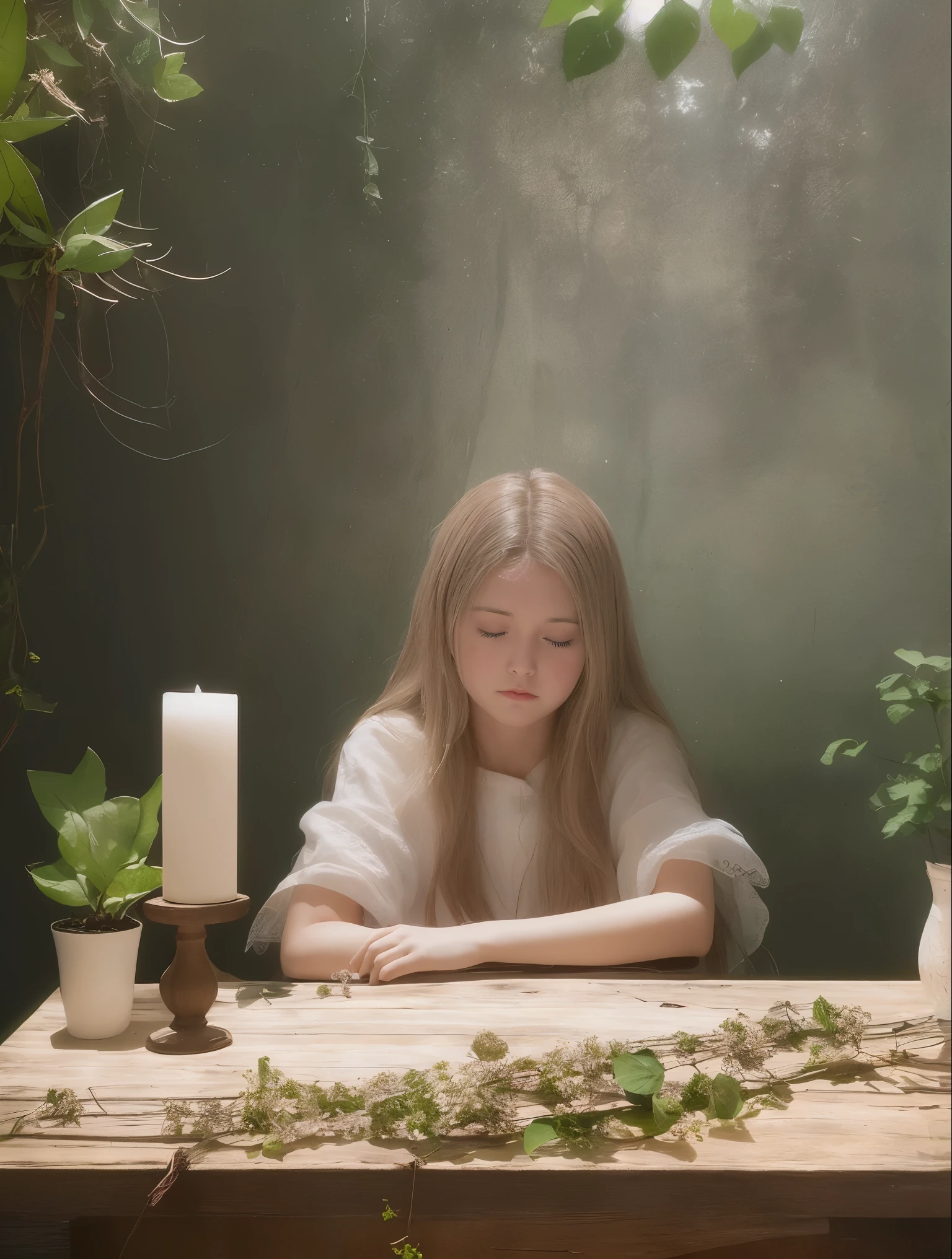 1 girl, glass jar, branch angle, Small flowers, gray background, Wooden table, Tyndall effect, strong sunlight, dappled sunlight, Photos are easy, 1970s dark fantasy movies, mist, Hello, full bloom, dramatic atmosphere, center, Rule of thirds.