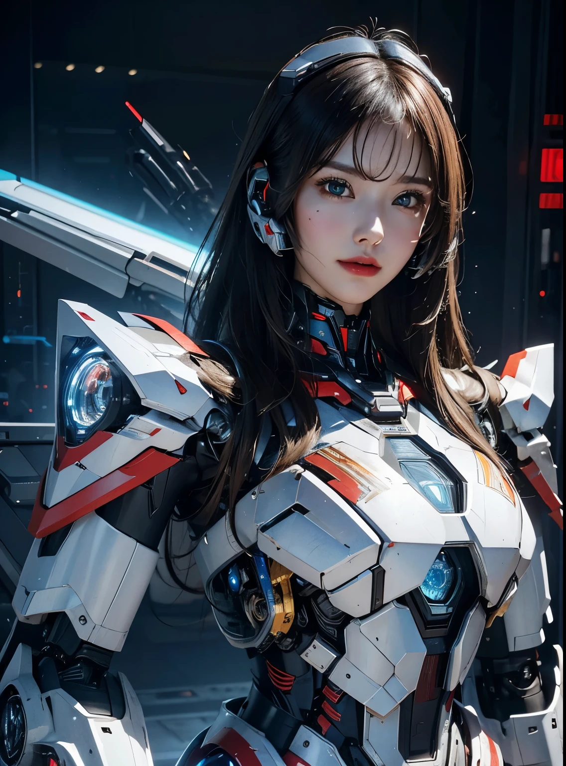 rough skin, Super detailed, advanced details, high quality, better quality, High resolution, 1080P, hard disk, beautiful,(Iron Patriot),beautifulサイボーグの女性,Mecha cyborg ,battle mode, With mechanical body,She wears a futuristic Iron Patriot mech,full body shot