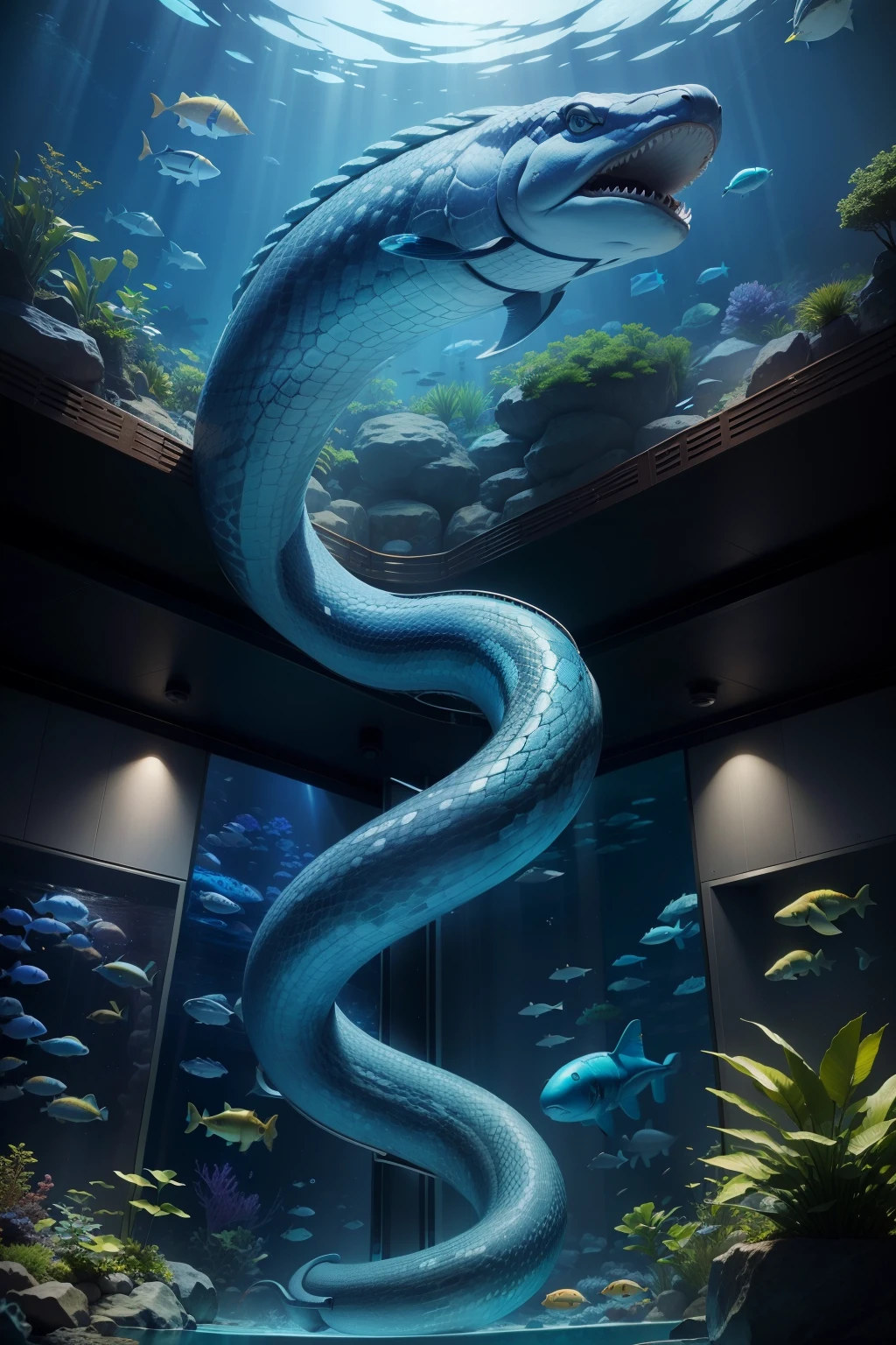futuro style，aquarium，Giant snake，Titanoboa、Detailed snake､Blue water，High-level ranks，aircraft shuttle、Aquamarine、high tech、megalopolis