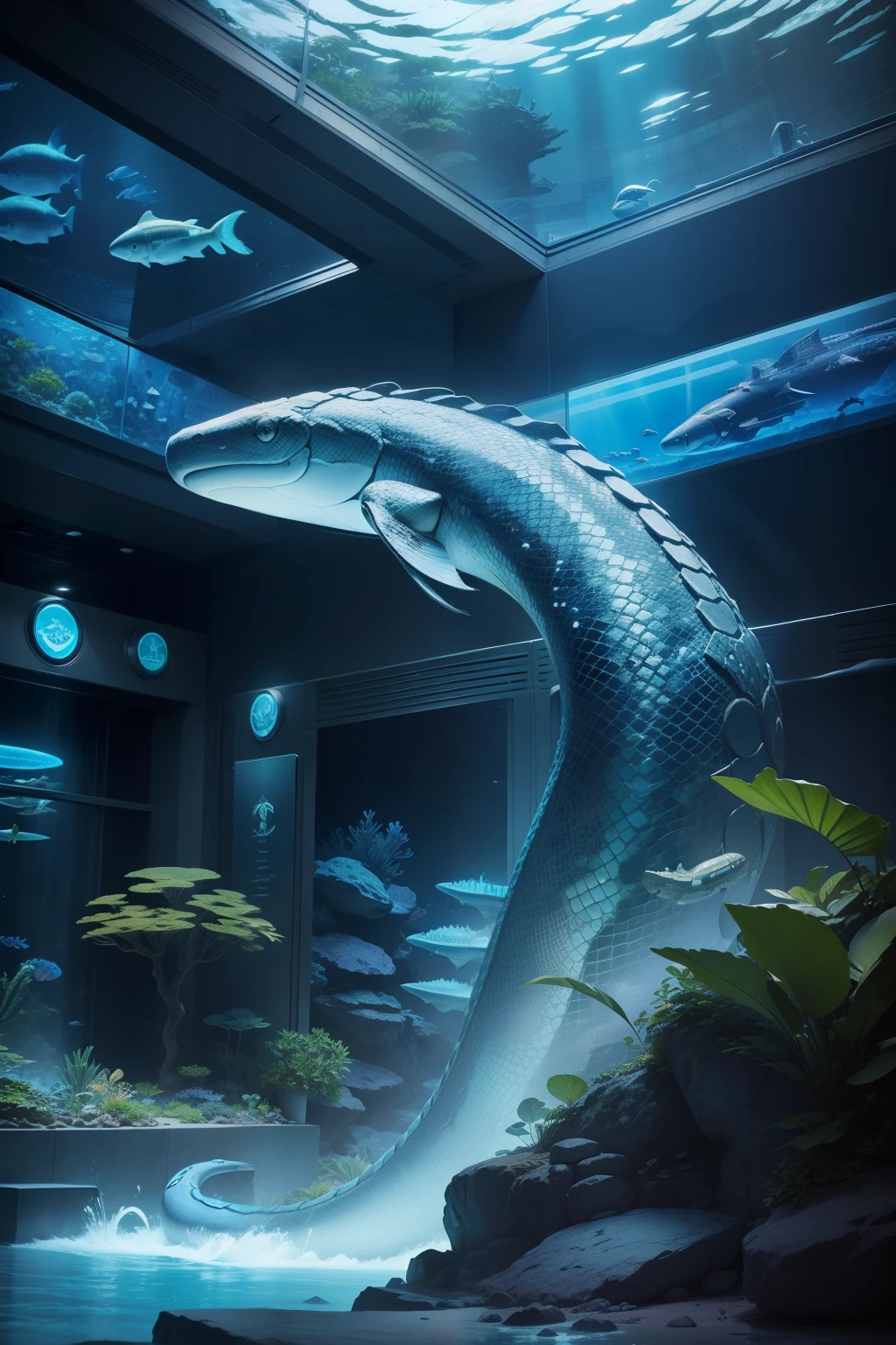 futuro style,aquarium,Giant snake,Titanoboa、Detailed snake、Blue water,High-level ranks,aircraft shuttle、Aquamarine、high tech、megalopolis