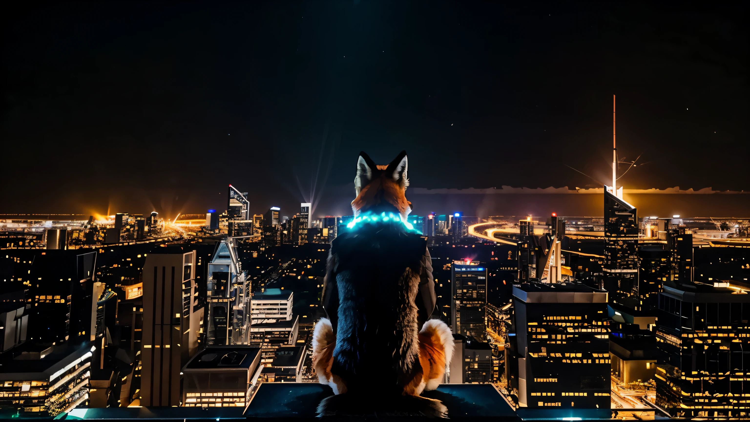 The roof of a skyscraper, a fox sits on it and looks at the night metropolis. View from behind the fox. Dark orange tones.