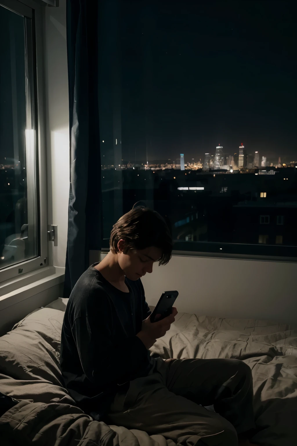 (best quality,4k,highres,masterpiece:1.2),ultra-detailed,realistic:1.37,boy sitting in bed with phone in hand,mobile phone only light,bed is near window with city in background,no lights in city,midnight,dark room,realistic style,boy wearing pajamas,sleeping peacefully,bedroom dimly lit,muted colors,vibrant cityscape outside window,curtains slightly drawn,soft glow from streetlights,quiet and calm atmosphere,silhouette of buildings against dark sky,crisp details on the boy's face and clothes,shadows cast on the walls,reflections of phone screen on boy's face,serene expression on his face,comforting and cozy environment,subtle variation in tones and textures,subdued lighting from the phone,gentle highlights and shadows,subtle gradient in the sky,nuanced interplay of light and darkness,sense of tranquility and solitude,immersing the viewer in the serene moment.