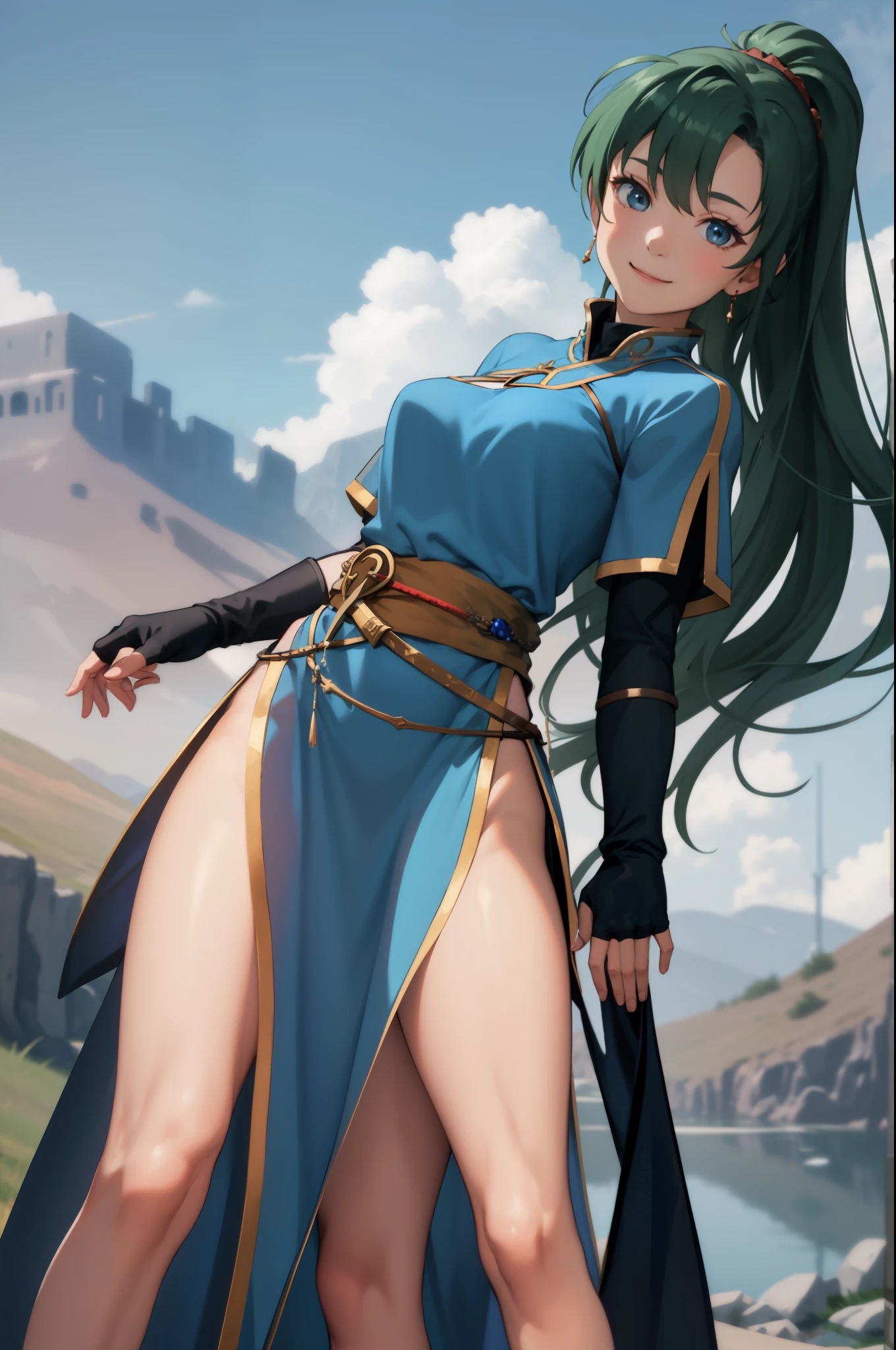 masterpiece, best quality, defaultLyn, blue dress, pelvic curtain, sash, fingerless gloves, standing, looking at viewer, stream, plains, mountains, arms behind back, leaning forward, smile, serene expression  