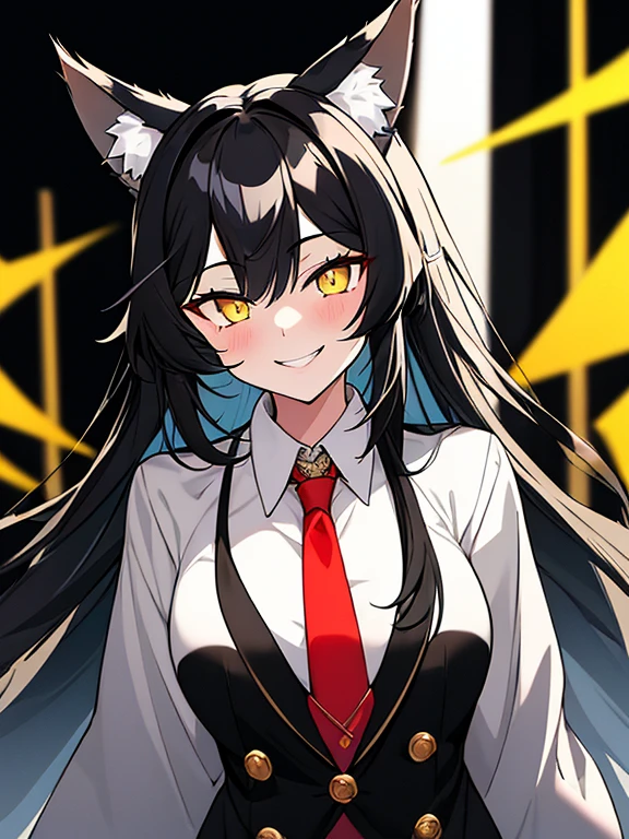 A girl, Black Haired, (Long hairstyles), Yellow Vertical pupil, Wolf ears, Wearing a White Suit, Aesthetic Design, Underneath Black shirt, Red necktie, ray,backlighting, masterpiece, best quality, exquisite,8k,absurdres ,super fine illustration,(looking at viewer), (Wicked Smile expression),(Dozen wolf looking at view) 