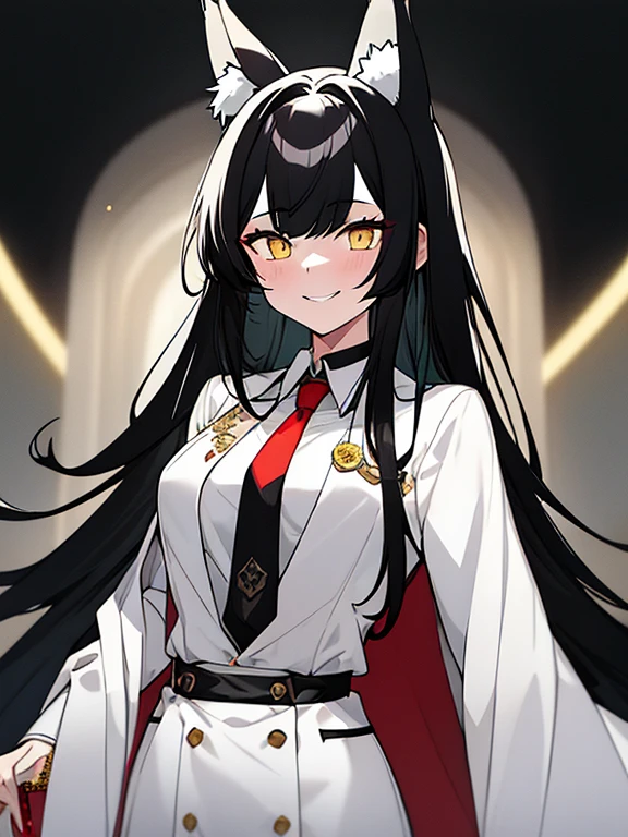 A girl, Black Haired, (Long hairstyles), Yellow Vertical pupil, Wolf ears, Wearing a White Suit, Aesthetic Design, Underneath Black shirt, Red necktie, ray,backlighting, masterpiece, best quality, exquisite,8k,absurdres ,super fine illustration,(looking at viewer), (Wicked Smile expression),(Dozen wolf looking at view) 