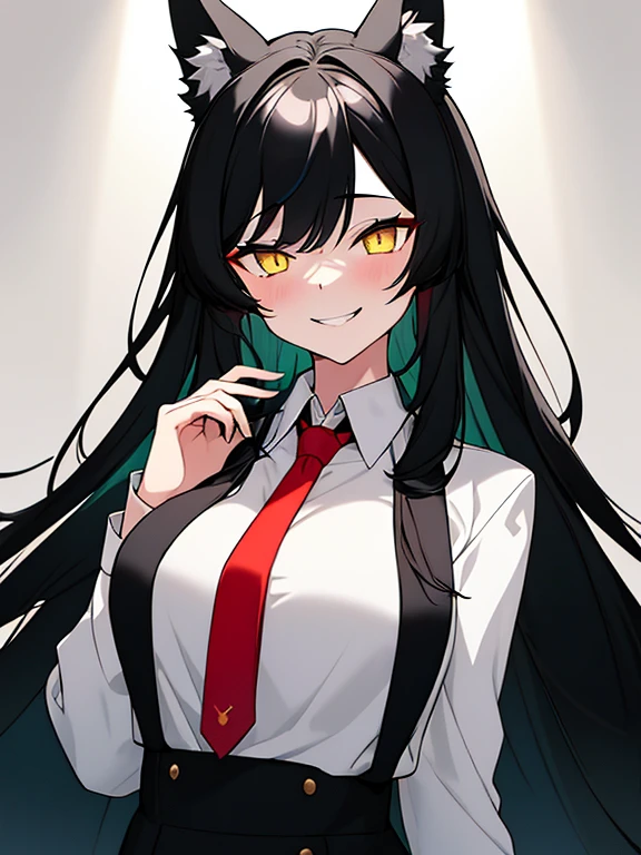 A girl, Black Haired, (Long hairstyles), Yellow Vertical pupil, Wolf ears, Wearing a White Suit, Aesthetic Design, Underneath Black shirt, Red necktie, ray,backlighting, masterpiece, best quality, exquisite,8k,absurdres ,super fine illustration,(looking at viewer), (Wicked Smile expression),(Dozen wolf looking at view)