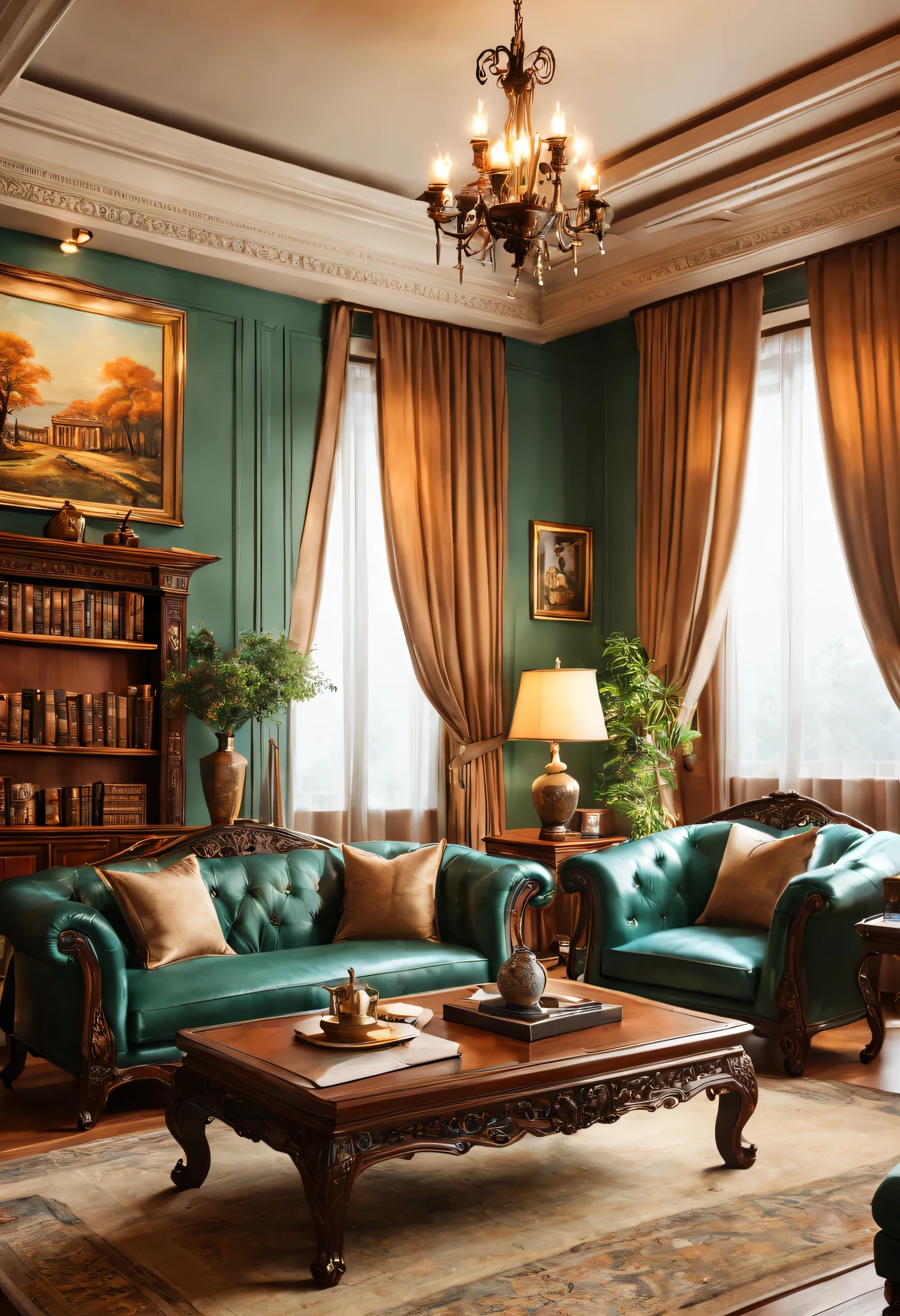 Dignified and elegant leather furniture、Beautifully carved、soft light、Elegant curtains,Burning fireplace。There are paintings on the walls,There are exquisite jade carvings placed by the window。Bookshelf and antique vases display books,Exudes a strong cultural atmosphere。(best picture quality,4K、8K,high resolution,masterpiece:1.2)、Super fine、(Realistic、Realistic、Realistic:1.37)、European and American British style、European and American classical traditional characteristics、Subtle warm color palette、Soft and natural lighting。