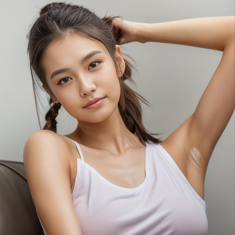 ((Hair in a ponytail shines with stinky oil:1.4)、(highest quality:1.4)、(realistic:1.7))、beautiful girl、(armpit:1.5)、super beautiful girl、((詳細なarmpit:1.4))、Radiant natural skin texture、19 years old、very sweaty、naked、nipple、(upper arm:1.4、two legs:1.4)、(perfect anatomy:1.4)、(perfect female body:1.4)、cute face、