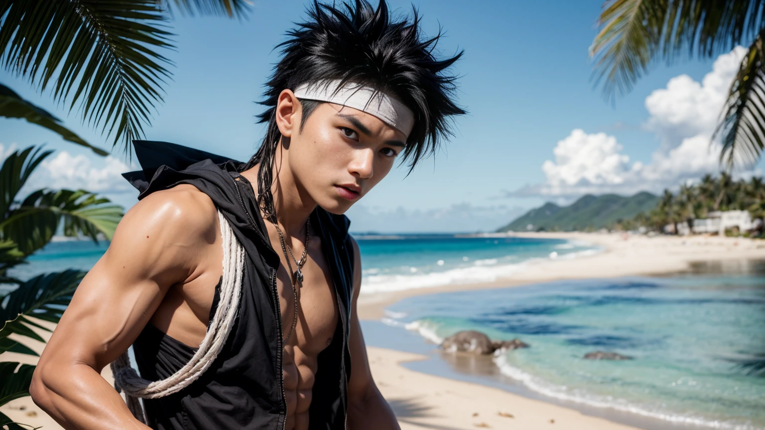 masterpiece, best quality, 1boy, hiei, black hair,  white hair, spiked hair, red eyes, headband, bandages, upper body, sleeveless, torn clothes, solo, sea, sand, tropical island background 