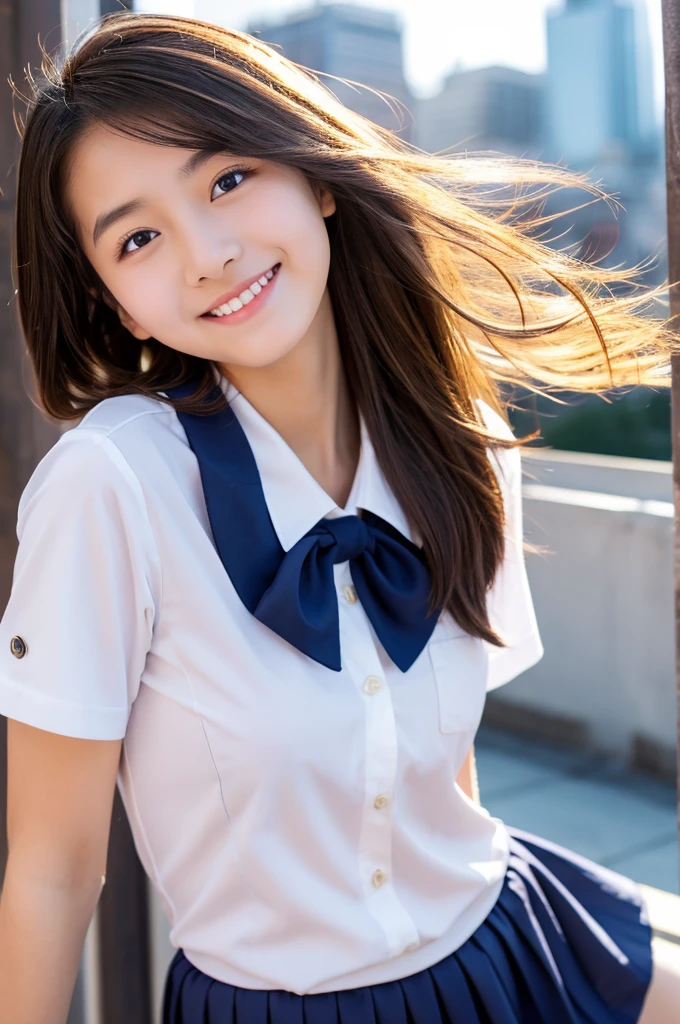 1 Asian Woman、jumping, A very beautiful and charming 18 year old woman、beautiful light brown hair、intense black eyes、strong eye highlights、small breasts、lip gloss、shy smile、japanes high school uniform、white shirt、short navy blue plears skirt、cameltoe, strong wind, sunset, backlight,  background is rooftop, Camera angle looking up from slightly below, pulled up skirt, i can see her panties sticking out in front of me.