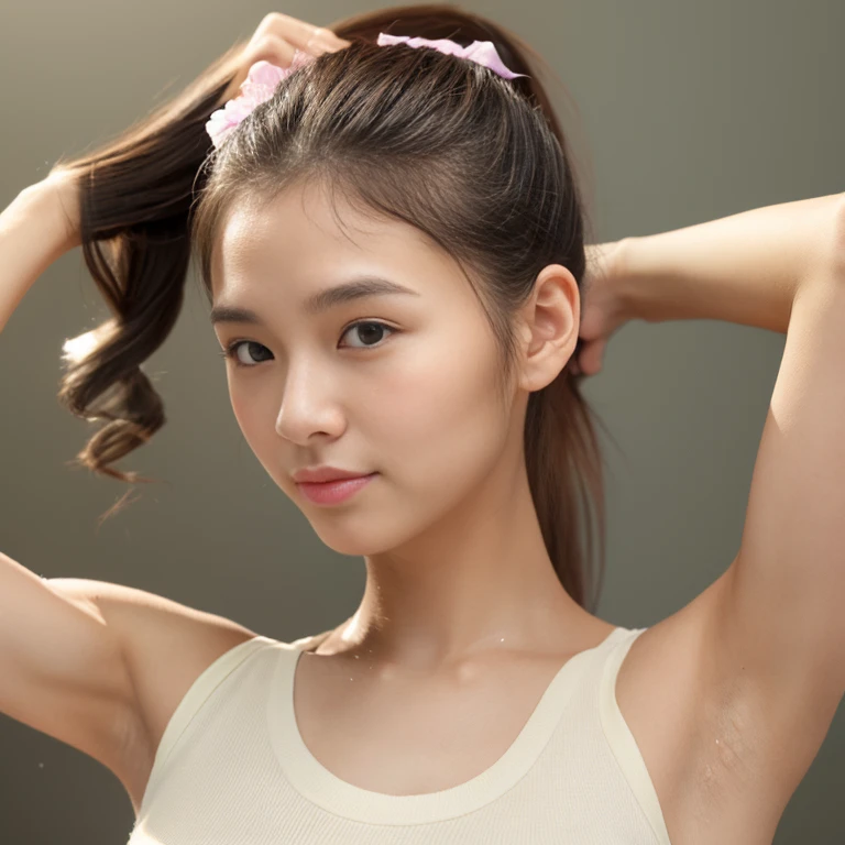 ((Hair in a ponytail shines with stinky oil:1.4)、(highest quality:1.4)、(realistic:1.7))、beautiful girl、（armpit:1.5）、super beautiful girl、((詳細なarmpit:1.4))、Radiant natural skin texture、19 years old、very sweaty、naked、nipple、(upper arm:1.4、two legs:1.4)、(perfect anatomy:1.4)、(perfect female body:1.4)、cute face、