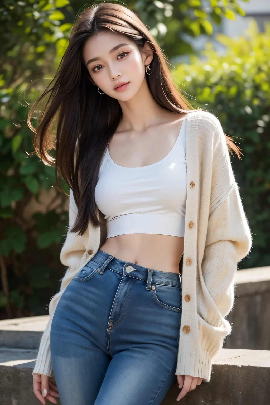((best quality)), ((masterpiece)), (detailed), perfect face, 18 years old girl, long dark and straight hair, beautiful smile, hazel eyes, pale skin, realistic humid skin, extremely detailed face, extremely detailed eyes, v-shaped slim face, kpop makeup, BREAK, lanky, 173cm, 49kg, supermodel shape, 8.5 heads figure, small breasts, toned butt, thigh gap, very attractive, european, wearing a black top, a light-colored cardigan, blue jeans with rips on the knees, casual and comfortable clothes, hands on her hips, looking at the camera,