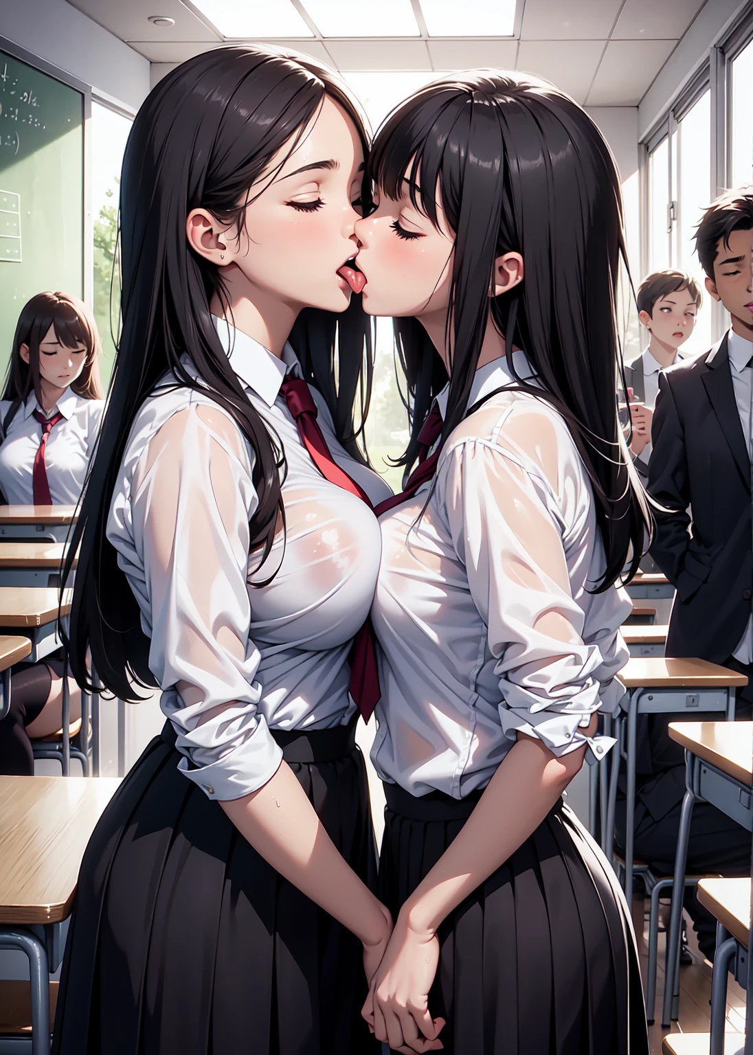 masterpiece, stunning realistic, photorealistic,sharpness, 2 girls,french kiss, lesbian kissing, tongue kiss, wet tongue, closed eyes,full body,standing in school,many people in the background,other persons in the background, teacher at the background, big breasts ,school uniform,