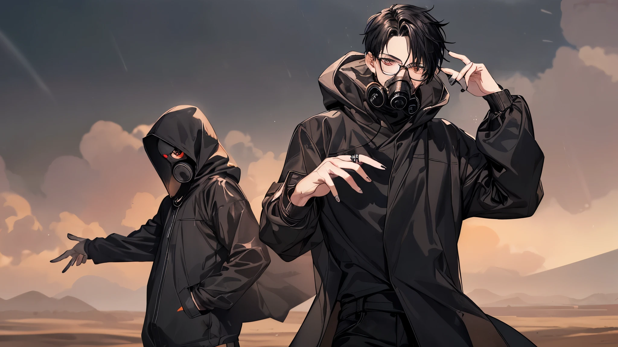 1 guy, black jeans, black sweater, press, Thin, pale, rings on fingers, black nails, Glasses, black hair, a little sporty, Glass eyes, cinematic lighting, Blur background, Best quality, Brown eyes, in a desert, in a gas mask, In a raincoat, clouds, sky, tempest, sand is flying,