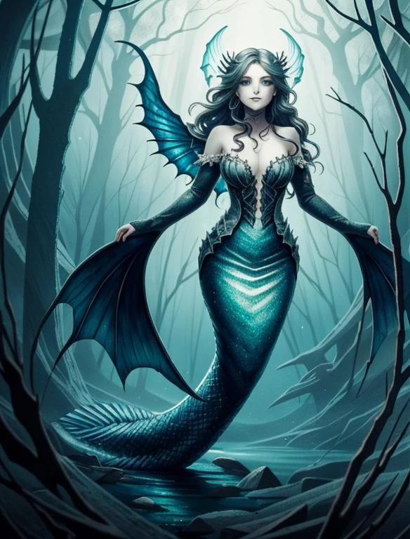 (masterpiece, best quality:1.2),bloody, beautiful face,(Gray\green skin),mermaid, highly detailed, {best quality}, {{depth of field}}, illustration, solo, sharp focus, {{character {1 girl }},black straight hair,(hair is straight and loose), beautiful detailed eyes, sharp teeth, {looking at viewer},{masterpiece illustration},full body, normal angle,horror art, creepy, beautiful form of chaos, elegant, dull colors, romanticism,an evil mermaid siren, maniacal smile, atmospheric, death, decay, horror art, blood,