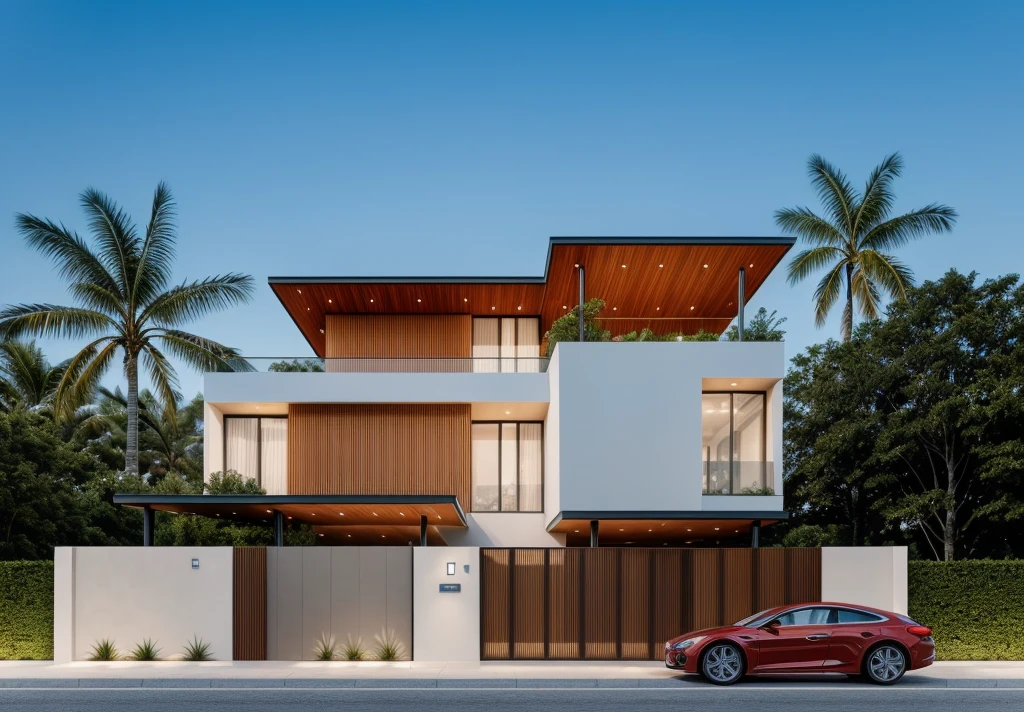 1 morden architect, main material by white wall and wood, 1large yard, 1 road runs in front of the house, (RAW photo, real, best quality, masterpiece:1.2), look morden minimalist, 1 road in front of the house, dynamic lighting:1.3, (hyper realistic, photo-realistic:1.2), high quality, (dark lighting:1.2), perfect lighting, archdaily, no human