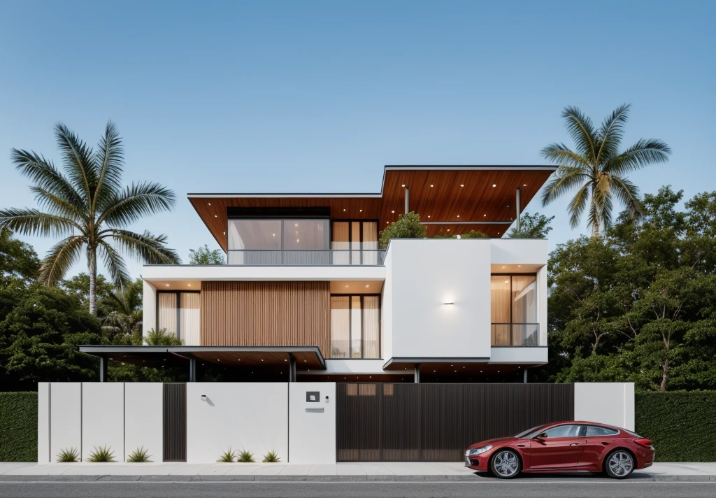 1 morden architect, main material by white wall and wood, 1large yard, 1 road runs in front of the house, (RAW photo, real, best quality, masterpiece:1.2), look morden minimalist, 1 road in front of the house, dynamic lighting:1.3, (hyper realistic, photo-realistic:1.2), high quality, (dark lighting:1.2), perfect lighting, archdaily, no human