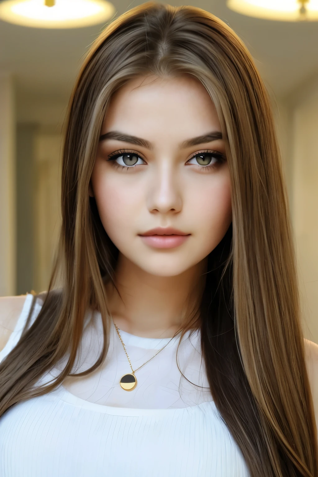 1girl in, 19, Solo, Long hair, Colossal tits, Looking at Viewer, beautiful woman
((30 years))
((oval face)) shape
upturned eyes
round shaped lips
((very thin round eyebrow))
((brown hair)) with blonde highlights
hourglass body shape
fleshy nose
mid long hair
squint-eyed
natural
