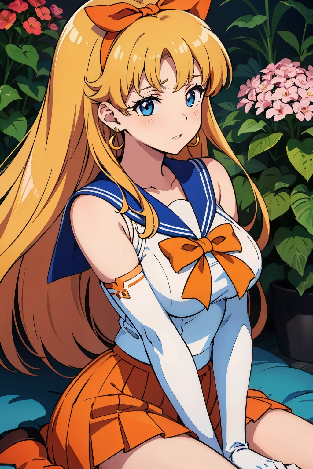 1990s \(style\), 1990s anime cels style, masterpiece, best quality, high resolution, large breasts, 1girl, solo, MinakoAino, bangs, (sailor Venus ,hair bow, elbow gloves, neck ribbon, bangs, long hair, circlet, jewelry, flower earrings, orange sailor collar), (embarrassed), orange skirt, sitting, wariza