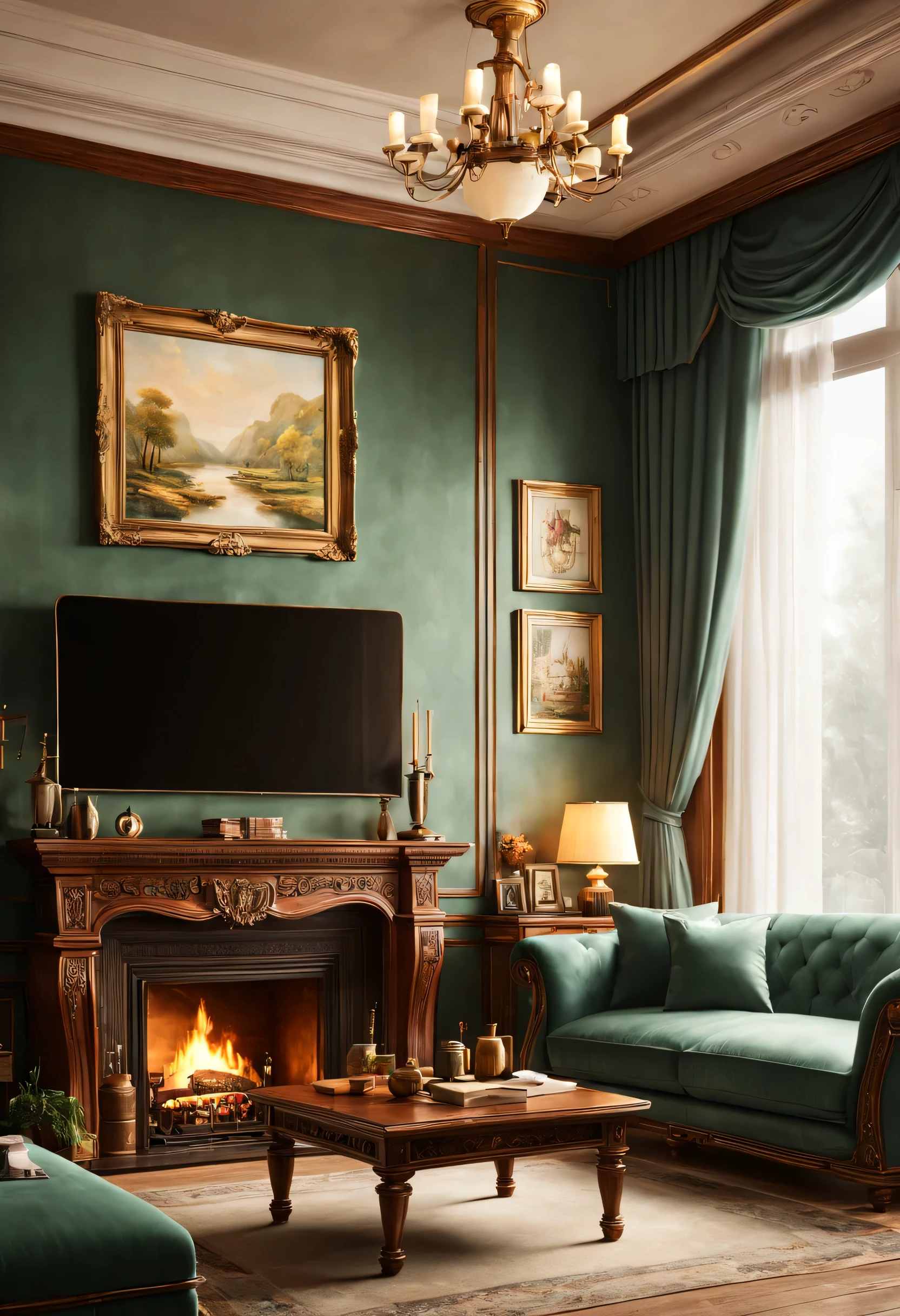 Dignified and elegant leather furniture、soft light、Elegant curtains，Burning fireplace。There are paintings on the walls，There are exquisite jade carvings placed by the window。bookshelf，book，Exudes a strong cultural atmosphere。（best picture quality，4K、8K，high resolution，masterpiece：1.2）、Super fine、（Realistic、Realistic、Realistic：1.37）、European and American British style、European and American classical traditional characteristics、Subtle warm color palette、Soft and natural lighting。