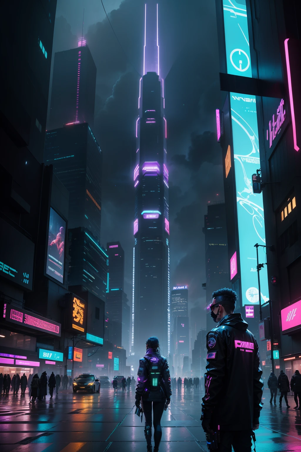 In the heart of a cyberpunk city, neon lights and holographic advertisements illuminate the night sky with an otherworldly glow. Towering structures of steel and glass cast long, ethereal reflections on the rain-slicked streets below. The hum of hovercars and the steady pulse of neon signs create an entrancing symphony of sound and light. Amidst this luminous atmosphere, people dressed in futuristic cyberpunk attire move with purpose, their eyes hidden behind sunglasses or advanced cybernetic implants. The cityscape is intricately detailed, each corner revealing new layers of technology and urban grit.