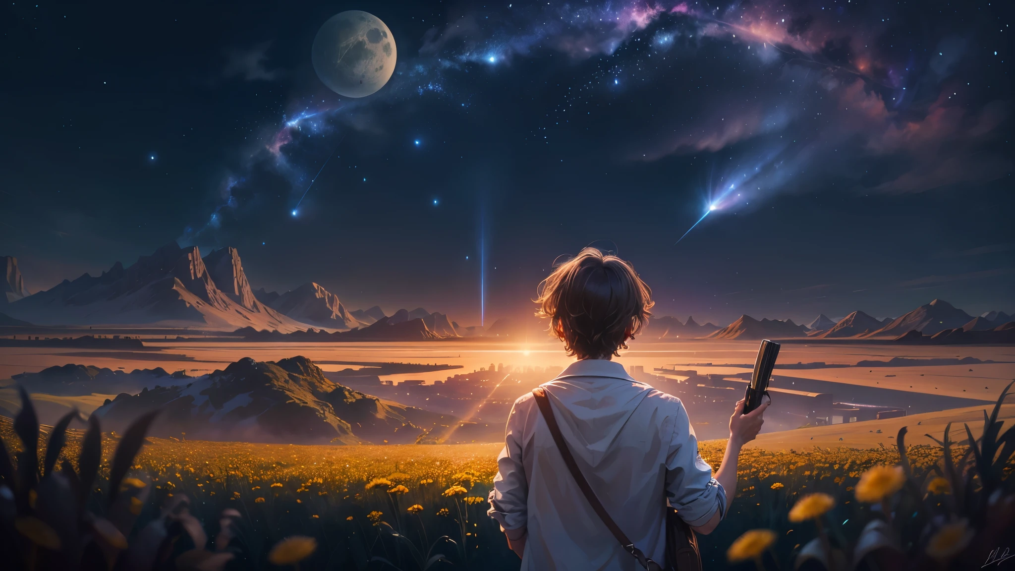 (Absurdres, Cinematic, UHD, higher, ultra detailed, ultra detailed), dark purple sky, nebula in the sky, 5 lattern in the sky, big moon in the sky, flying train, shooting star, dandelion field, mountain, boy looking at the sky, oil painting, detailed dandelion field, detailed flying train, detailed sky, sunset