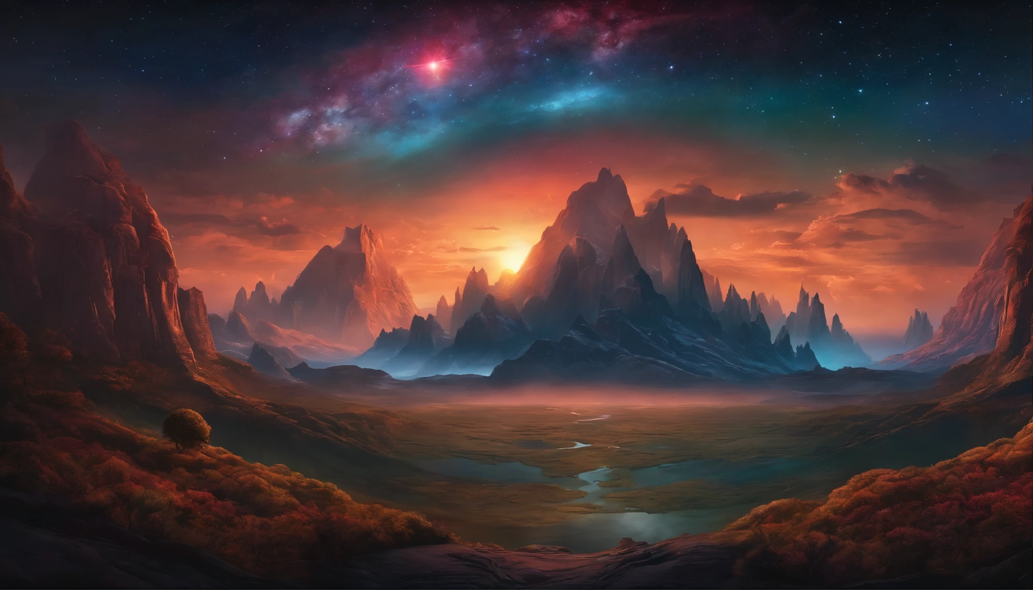 Beautiful Cosmic Landscape,centred,symmetry,painted,intricate,volumetric lighting,beautiful,rich deep colours,masterpiece,sharp focus,ultra detailed,in style of Dan Mumford and Marc Simonetti,astrophotography