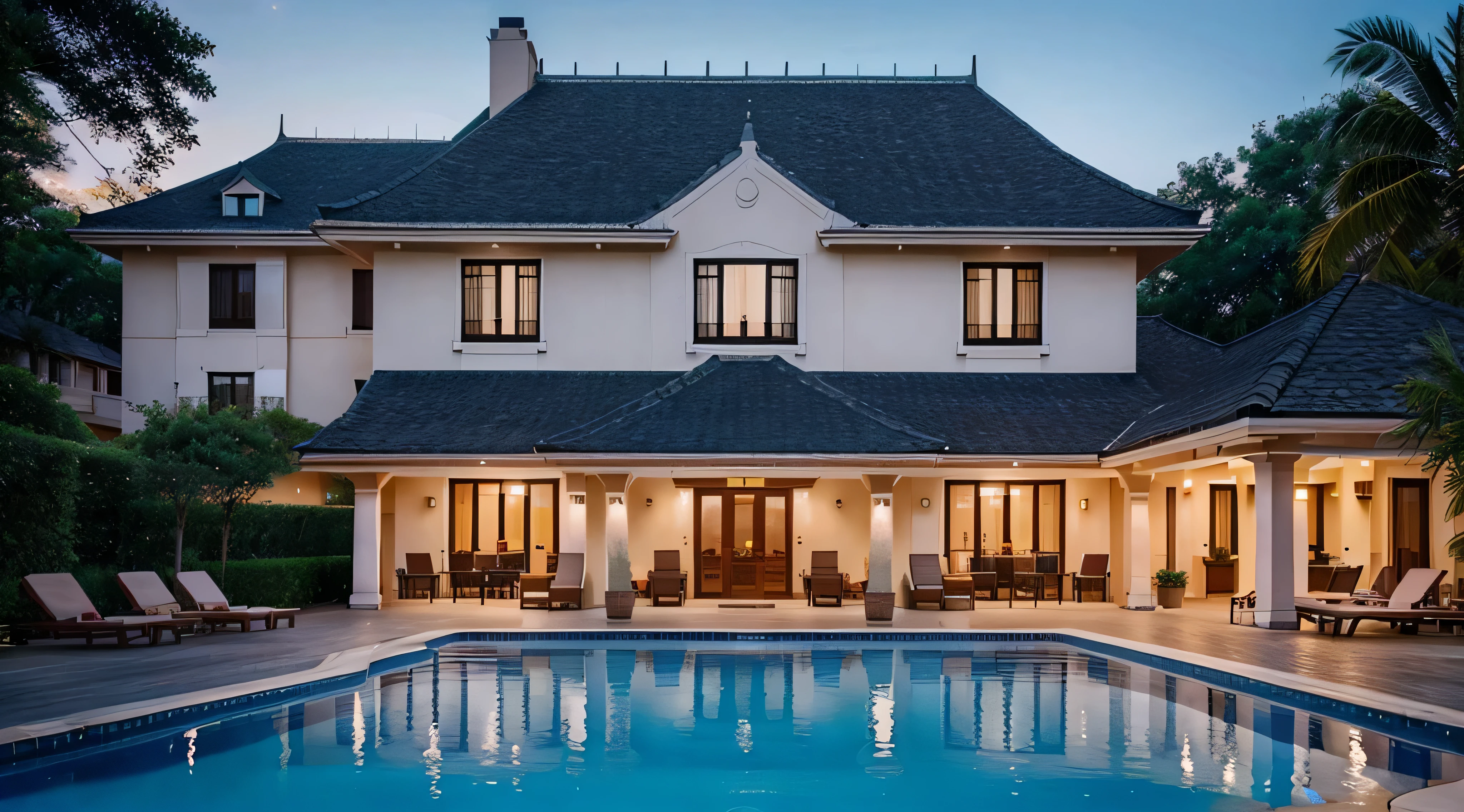 make an image of a beautiful large 5-star hotel with roofing shingles and swimming pool